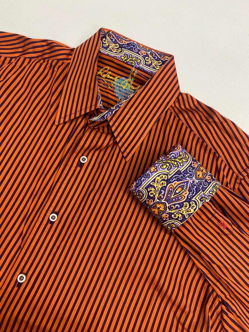 Men Robert Graham stripe button up paisley flip cuff dress shirt, M
